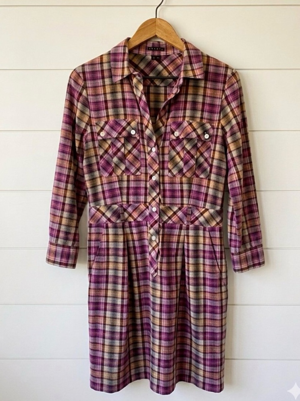Theory Plaid Long-Sleeve Shirt Dress in Pink, Yellow and Purple